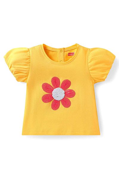 Babyhug Babyhug Single Jersey Top & Skirt with Floral Print Sequin Detailing - Yellow & Navy Blue