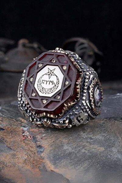 Diriliş Takı Mistik Topaz Taşlı Göktürkçe Türk Gümüş Yüzük