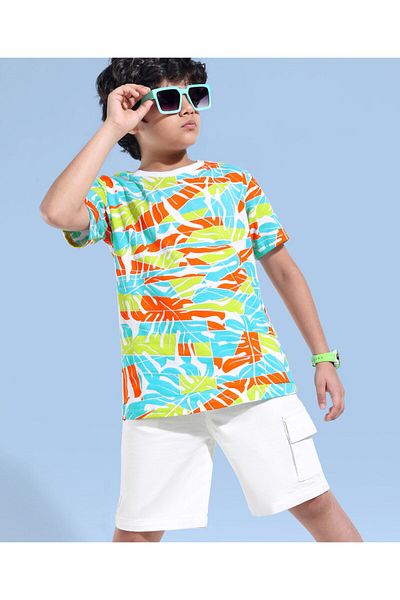 Ollington St. Ollington St. 100% Cotton Knit Half Sleeves Printed T-Shirt & Woven Shorts Set - Multicolor