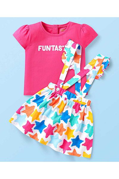 Babyhug Babyhug Single Jersey Top & Skirt Set with Text Star Print - Dark Pink