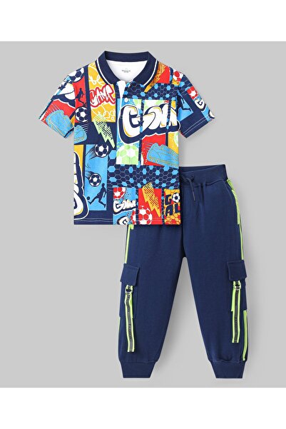 Ollington St. Ollington St. 100% Cotton Knit Half Sleeves Printed Polo T-Shirt & Joggers Set - Navy