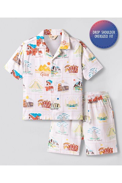 Primo Gino Primo Gino Rayon Woven Half Sleeve Oversized Resort Collar Co-ords Shirt & Short Set Seven-Off White