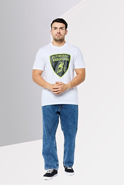 Lamborghini Men Crew Neck Short Sleeves Brand Logo T-Shirt, White