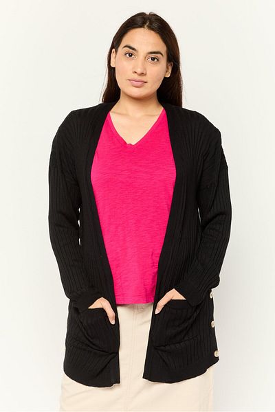 PİNK ROSE Women Split Neck Stripe Cardigans, Black