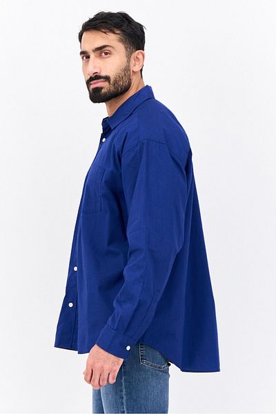 GAP Men Stretch Fit Plain Long Sleeves Poplin Casual Shirt, Dark Royal Blue
