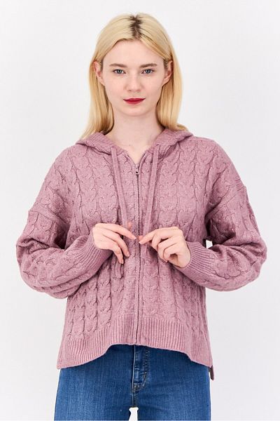 PİNK ROSE Women Hooded Knitted Sweater, Mouve