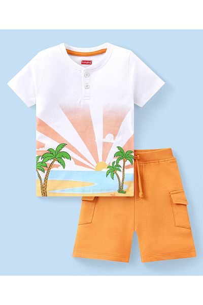 Babyhug Single Jersey Knit Half Sleeves T-Shirt & Shorts Set Beach Print - White & Beige