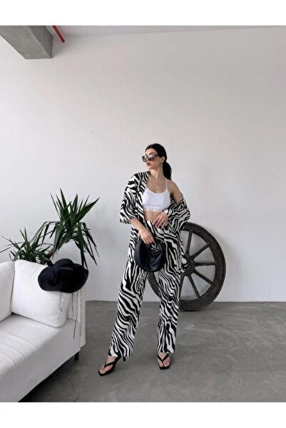 MOONBULL Kadın Zebra Desenli Kimono Takım
