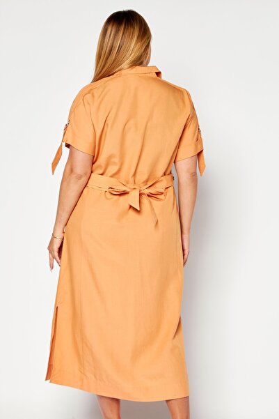 Esprit Women Plain Belted Midi Dress, Orange