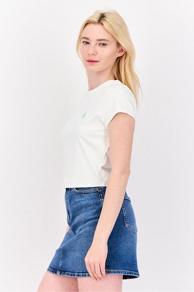 Esprit Women Crew Neck Short Sleeve Brand Logo Crop Top, Off White