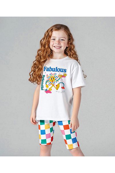 Primo Gino Primo Gino Cotton Oversized T-Shirt with Text Print & Checkered Cycling Shorts Set - Multicolor