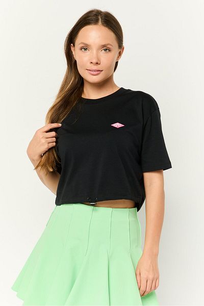 Esprit Women Crew Neck Short Sleeve Embroidered Logo Crop Top, Black