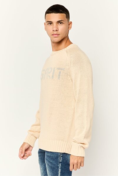 Esprit Men Ribbed Collar Long Sleeves Knitted Sweaters, Beige