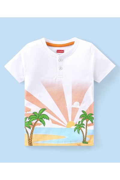 Babyhug Single Jersey Knit Half Sleeves T-Shirt & Shorts Set Beach Print - White & Beige