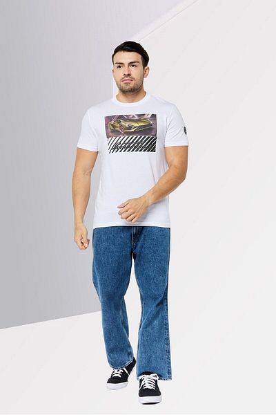 Lamborghini Men Crew Neck Short Sleeves Brand Logo T-Shirt, White