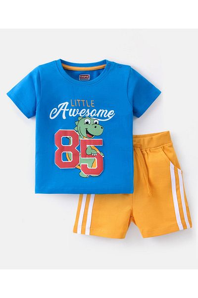 Babyhug Babyhug Single Jersey Knit Half Sleeves T-Shirt & Shorts Set with Dino & Text Print - Blue & Orange