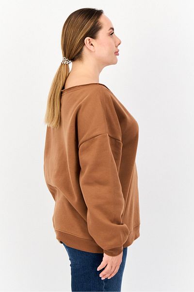 No Comment Women Boat Neck Graphic Print Long Sleeves Sweatshirt, Brown