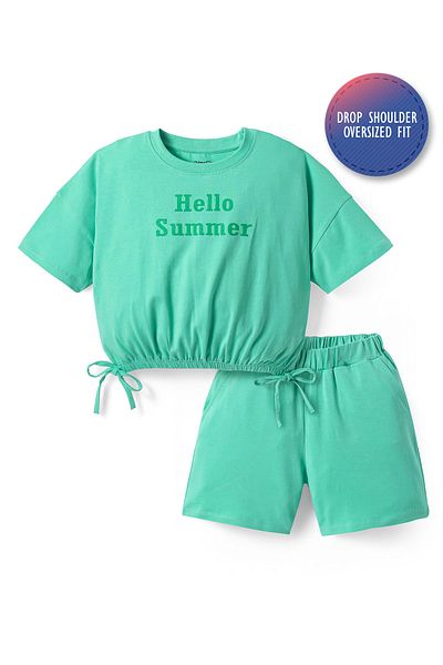 Primo Gino Primo Gino Cotton Knit Half Sleeve Top & Shorts Co-ord Set Hello Summer Text Print-Biscay Green