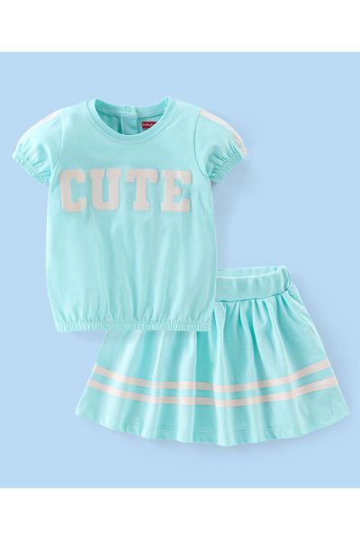 Babyhug Babyhug 100% Cotton Knit Half Sleeves Top & Skirt Set Text Print - Blue
