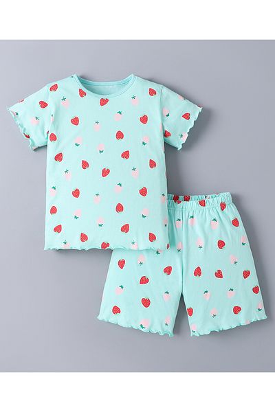 SAPS SAPS 100% Cotton All Over Strawberry Printed Short Sleeves T-Shirt & Shorts Co-ord Set - Mint Green
