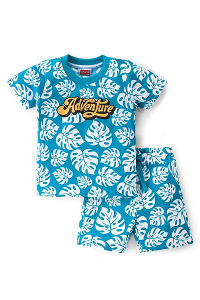 Babyhug Babyhug 100% Cotton Knit Half Sleeves T-Shirt & Shorts Set Leaf Print - Blue