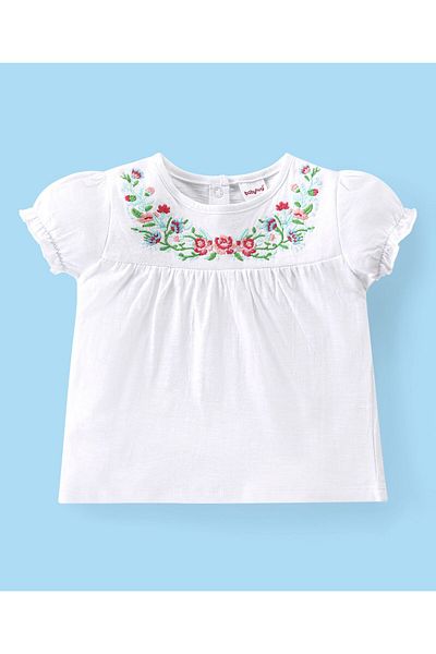 Babyhug Babyhug Cotton Knit Half Sleeves Top & Layered Skirt Set With Floral Embroidery - White & Dark Pink