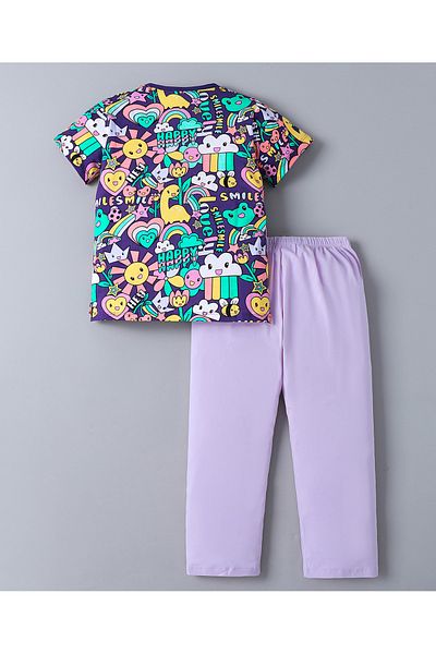 SAPS SAPS 100% Cotton Dino Floral Heart & Rainbow Short Sleeve T-Shirt & Solid Legging Set-Navy & Purple