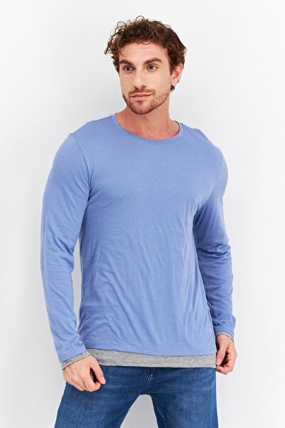 Vince تي شيرت رجالي سادة بأكمام طويلة وياقة دائرية، أزرق