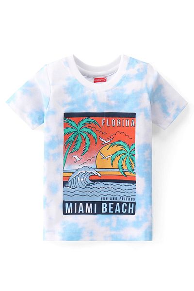 Babyhug Babyhug T-Shirt & Denim Shorts Set with Beach Print - Blue