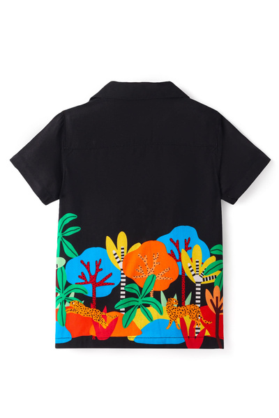 Bonfino Bonfino Woven Half Sleeves Oversized Resort Collar Shirt & Shorts Set with Tropical Print - Black