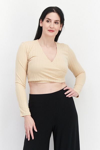 VILA Women Surplice Neck Long Sleeve Ribbed Top, Beige