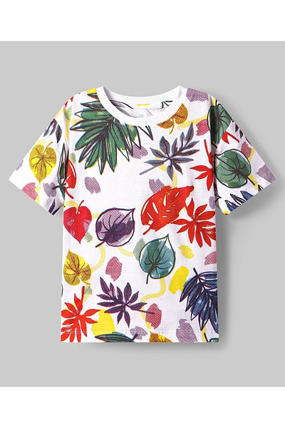 Ollington St. Ollington St. Cotton Knit Half Sleeves Leaf Printed T-Shirt & Shorts - White & Green