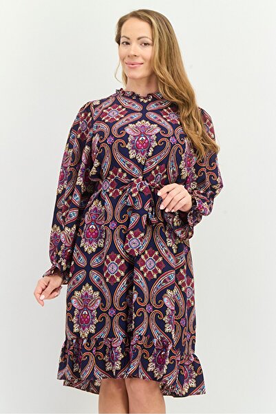 Maggy London Women Allover Print Belted Mini Dress, Navy