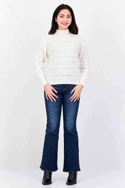 Madison + Hudson Women Ribbed Collar Crochet Sweater, Off White