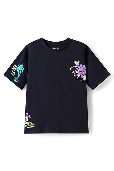 Primo Gino Primo Gino Cotton Printed Cycling Short Set with Short Sleeves Oversized T-Shirt - Black