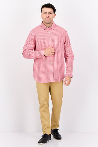 Nautica Men Classic Fit Micro Check Long Sleeves Casual Shirt, Red/white
