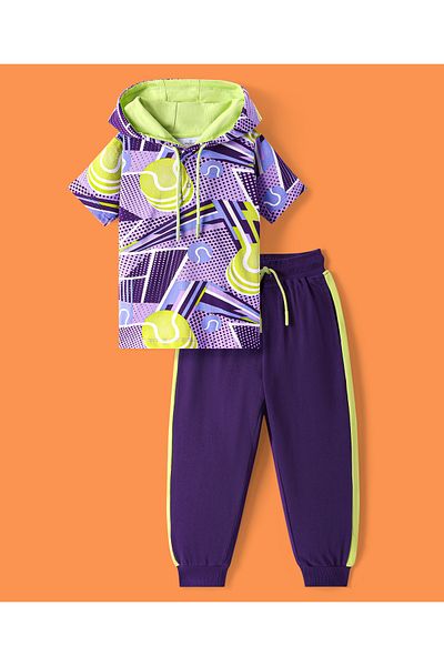 Ollington St. Ollington St. Cotton Knit Half Sleeves Printed Hoodie & Joggers - Light Green & Purple