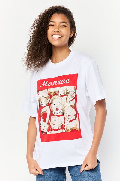Marilyn Monroe Women Oversized Fit Crew Neck Short Sleeves Graphic Print T-shirt, White