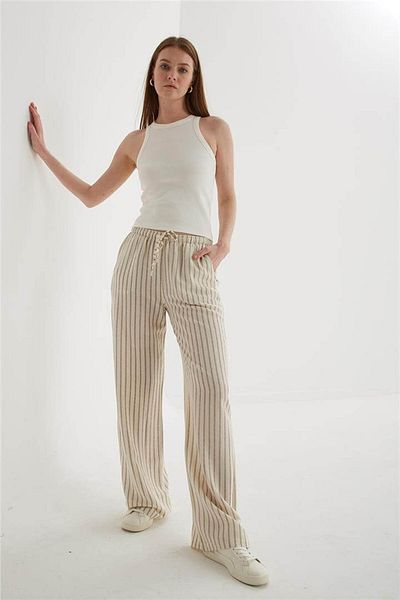 Fashion Friends Gray Striped Comfortable Elastic Linen Trousers