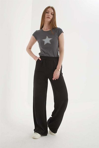 Fashion Friends Wide Leg Linen Trousers, Black with Elastic Waist