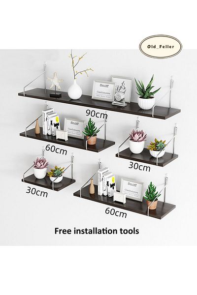 Old_Feller 4-Piece Black Floating Wood Shelves with/Metal Brackets, Free Install Tool