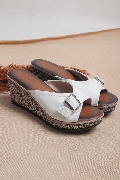 Ayakkabı Vakti White Wedge Heel Daily and Evening Dress Γυναικείες Παντόφλες Τακούνι 7,5 cm