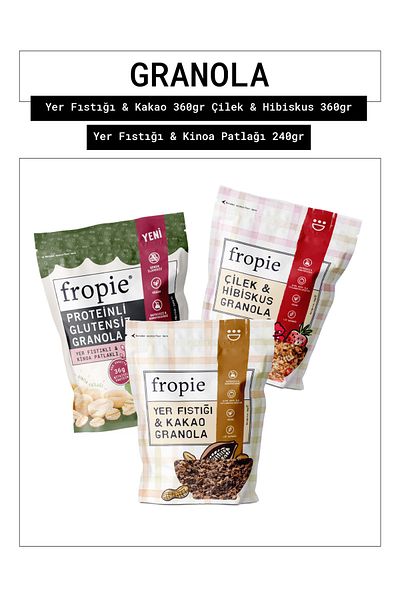 FROPİE Peanuts & Cocoa - Strawberry & Hibiscus - Gluten-Free Peanut & Quinoa Puffed Granola Set of 3