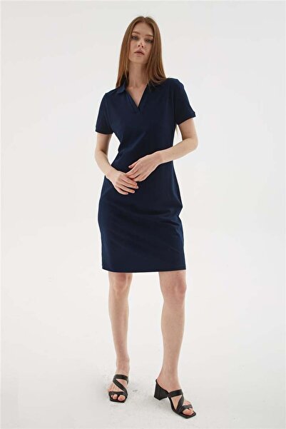 Fashion Friends Polo V-Neck Short Sleeve Dress Navy Blue