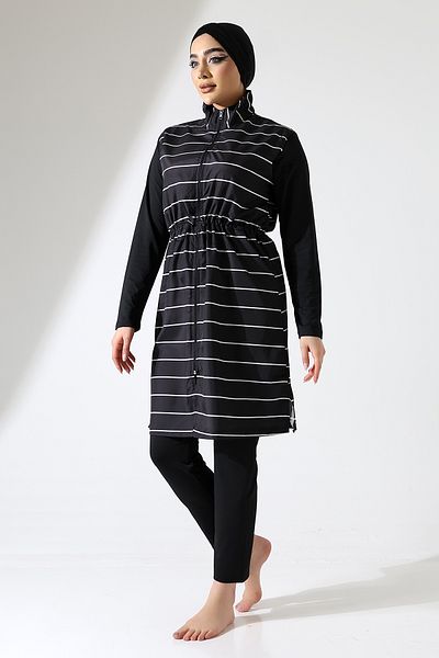 ZEYCEN Women's Hijab Zipper Detail Striped Full Covered 4 Piece Parachute Swimsuit