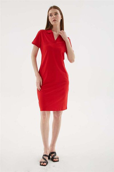 Fashion Friends Polo V-Neck Short Sleeve Dress Red