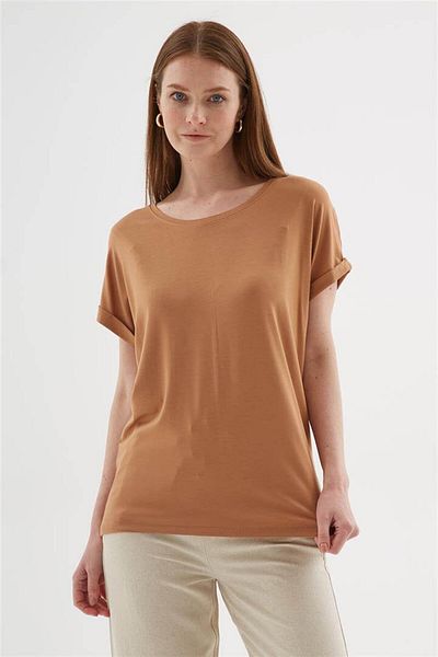 Fashion Friends Μπλούζα από βισκόζη με λαιμόκοψη και καφέ