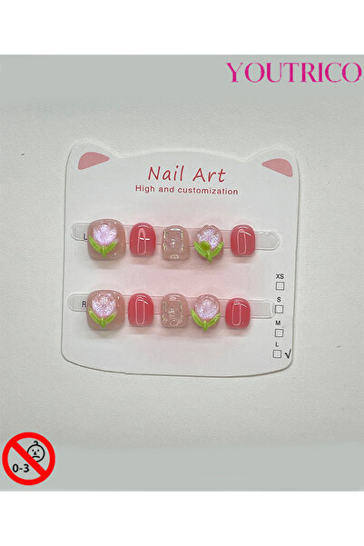 Youtrico أظافر صناعية للأطفال، مصنوعة يدويًا بنسبة 100%، بنقشة ورد، باللون ال...