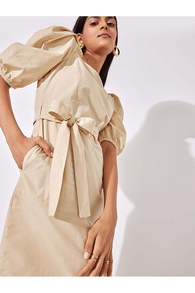 The Label Life Beige Puff Sleeve Mini Dress Chic & Flowy