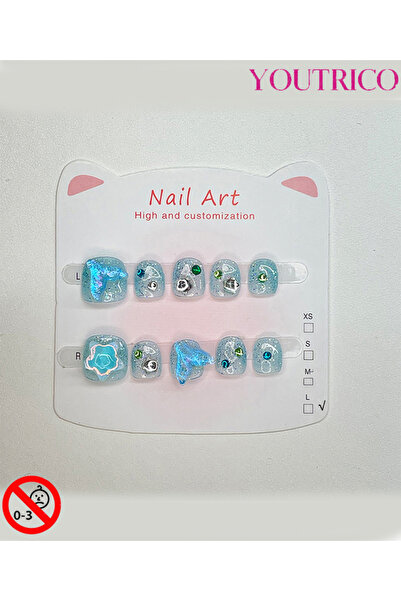 Youtrico أظافر لاصقة للأطفال مصنوعة يدويًا بنسبة 100%، لون أخضر كرتوني، آمنة ...